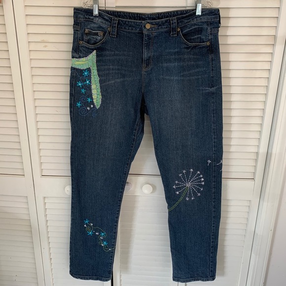 Garnet Hill Denim - Garnet Hill Jeans Blue Denim Embroidered Dandelion Flower Women 14 Boho Festival